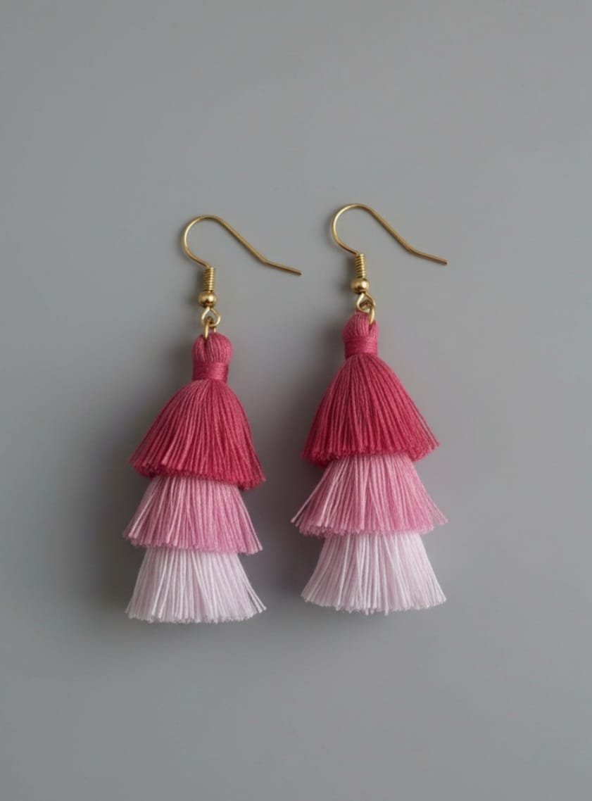 Triple Layer Pink Ombre Tassel Earrings - Image 2